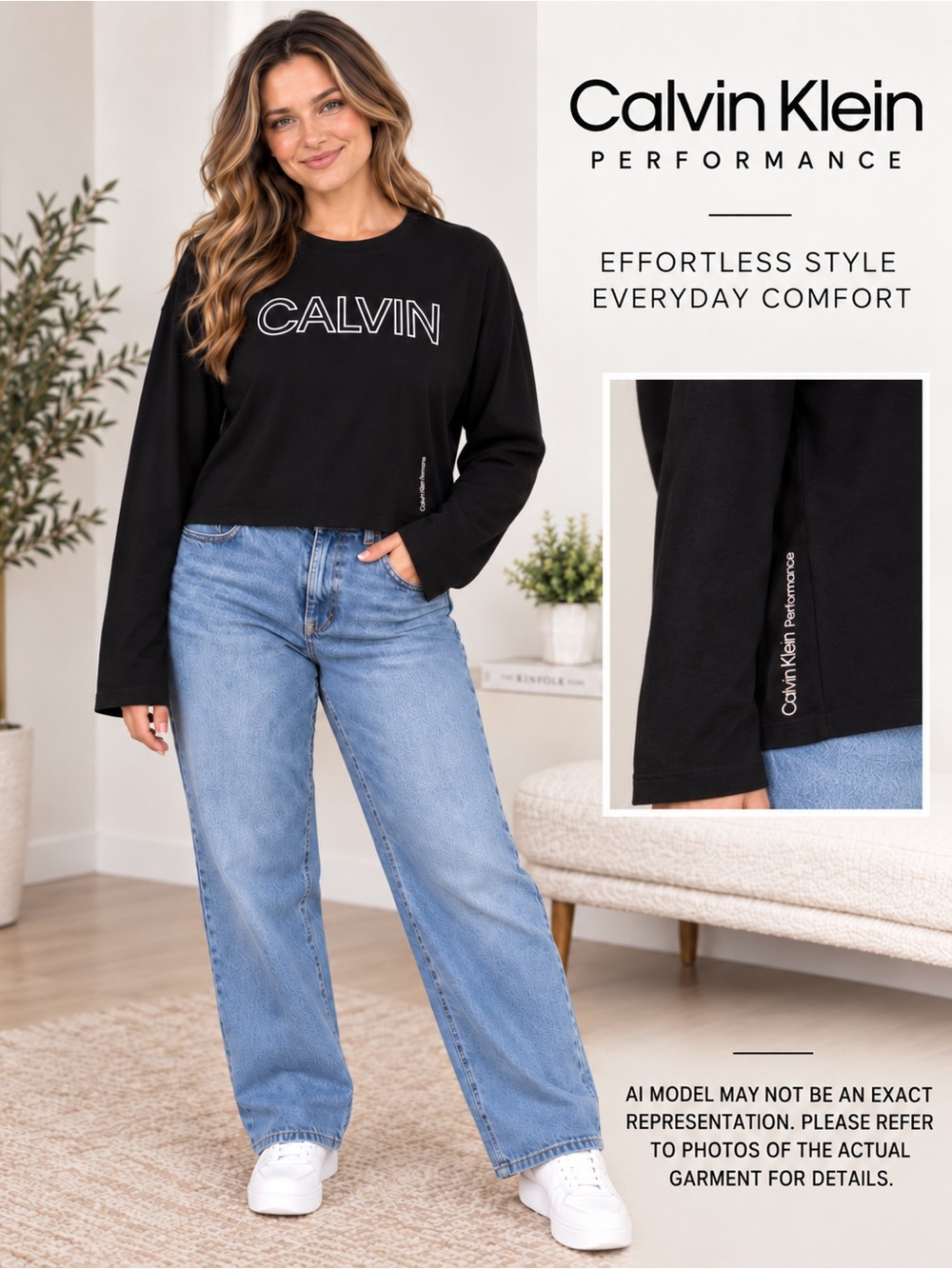 Calvin Klein Performance XL Black Xtra-Long Sleeve Tee Logo 'CALVIN' Modal Top
